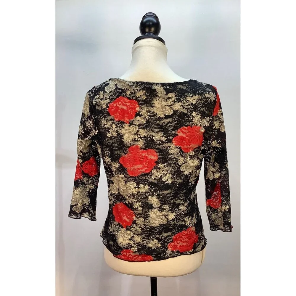 Y2K Babydoll Top Womens M (est) Black Red Rose Lace Sheer Fairy Whimsy Goth - Picture 2 of 7